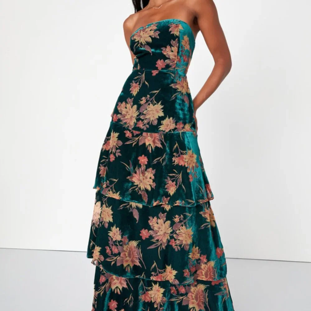 Lulu's Teal Floral Velvet Strapless Maxi Dress - Picture 2 of 16